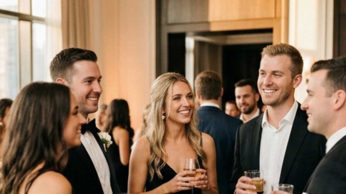 Wedding cocktail hour with guests mingling and drinks