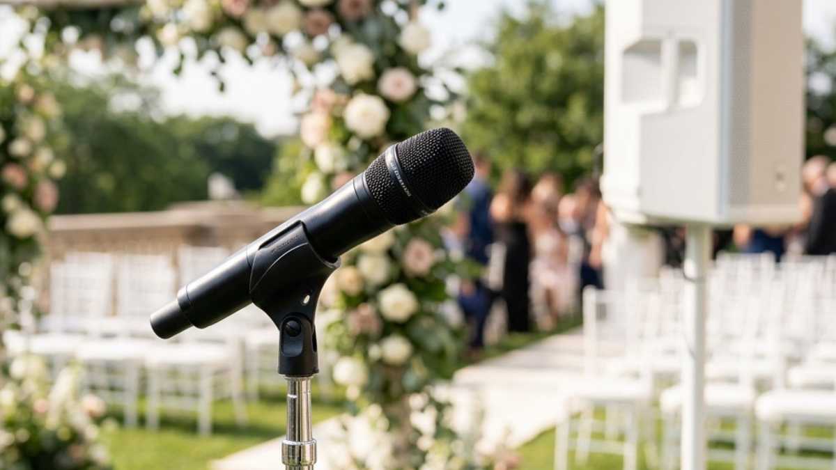 Wedding ceremony audio setup with wireless microphones and speakers