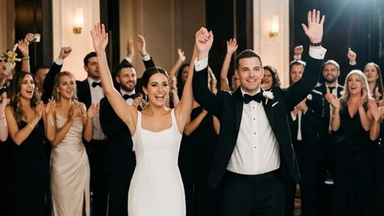 Wedding grand entrance with cheering guests