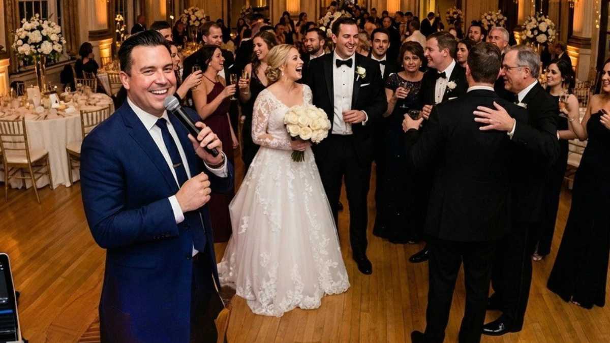 Wedding DJ making reception announcements as MC